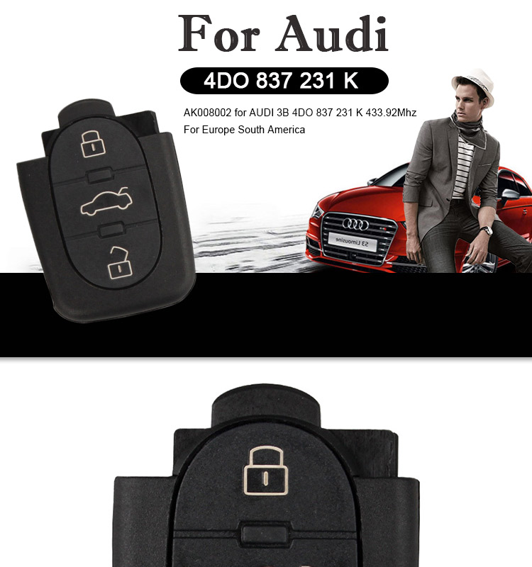 AK008002 For Audi A6 TT New 3 Button Flip Key Remote Fob 433MHZ 4D0 837 231 K