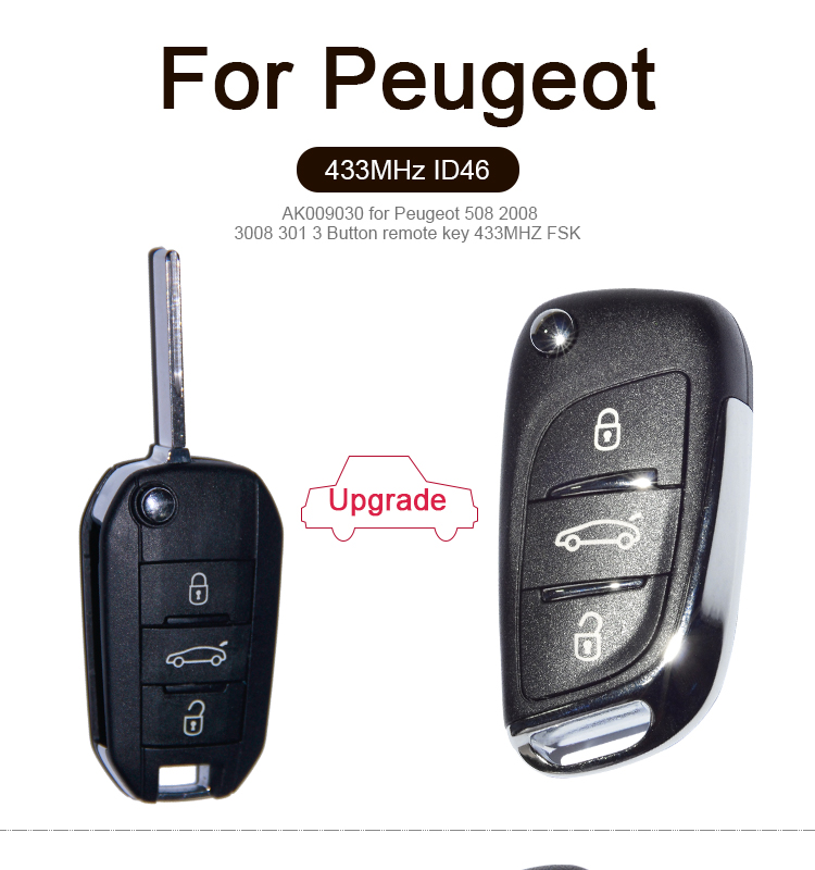 AK009030 FOR Peugeot 508 2008 3008 301 3 Button remote key 433MHZ