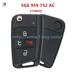 AK001123 2018-2020 Volkswagen 4 Button Remote Flip Key without Comfort Access 315MHZ Megamos AES Chip Fcc NBGFS12A01 MQB Pn 5G6 959 752 AC