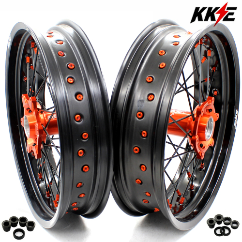for KTM 125-530CC-KKE 17" Supermoto Wheels for KTM 125-530CC XCW EXC EXCW 2000-2025 / Husqvarna TE TC FE FC 125cc-501cc 2014-2024 CNC Orange Hub/Black Spoke