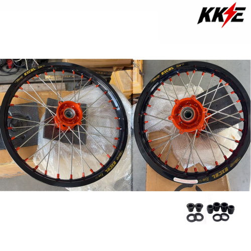 19/16 Returned Wheels (Excel Rims) for KTM 85 SX 2021-2024 / Husqvarna TC 85 2021 - 2024 / Gas Gas MC 85 2021 - 2024 -- KKE 19/16 Kid's Dirt Bike Wheels CNC Hubs Orange Nipples