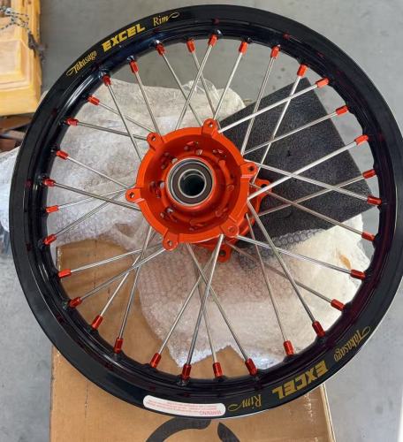 19/16 Returned Wheels (Excel Rims) for KTM 85 SX 2021-2024 / Husqvarna TC 85 2021 - 2024 / Gas Gas MC 85 2021 - 2024 -- KKE 19/16 Kid's Dirt Bike Wheels CNC Hubs Orange Nipples