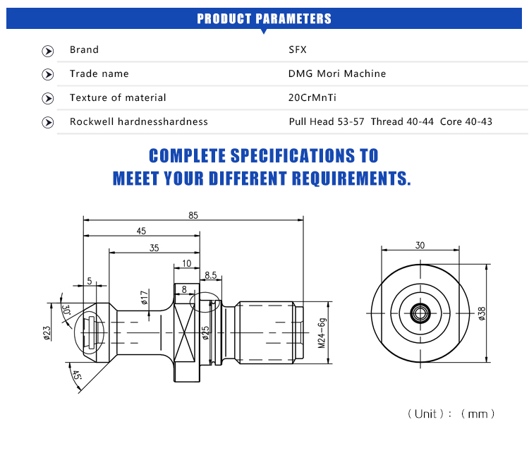 Pull Studs Produced to Strict DMG Mori Specifications for Their BT50-45° Tool Holders