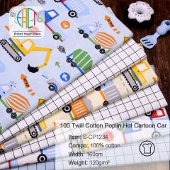 S-CP1234 Twill 100% Cotton Poplin Fabric Printed Cartoon Car,120gsm,160cm,MOQ=50m