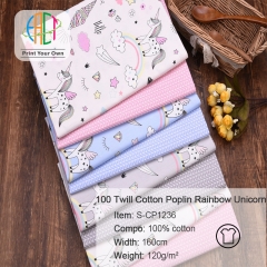 S-CP1236 Twill 100% Cotton Poplin Fabric Printed Rainbow Unicorn,120gsm,160cm,MOQ=50m
