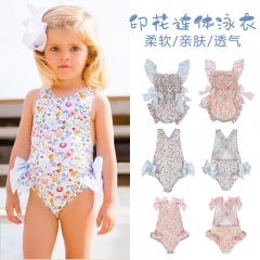 G003 Cute Beach Swimwear Onesie Pink/Blue Flowers For Girls