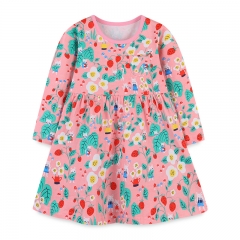 G010  Custom Knitted Cotton Long Sleeve Kids' Dress Floral Print Dress