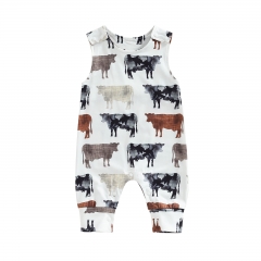 G021 Custom Western Baby Boy Girl Clothes Cow Print Jumpsuit Sleeveless Button Romper Infant Summer Cloth