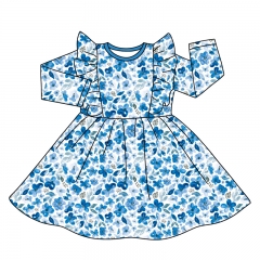 G045 Customized Print Long Flutter Sleeves Summer Dresses for Kids Girls