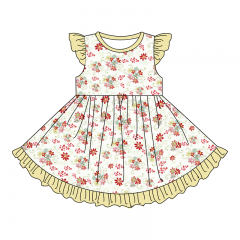 G049 Customized Fashion Printed Kids Girls Flutter Sleeves Dress with Ruffles
