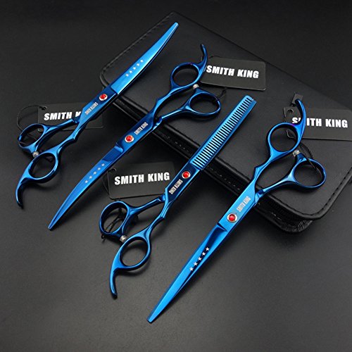 7 inches professional pet grooming scissors set straight scissors &amp; thinning scissors &amp; 2 curved scissors 4 pcs in 1 set with case,oil (blue)