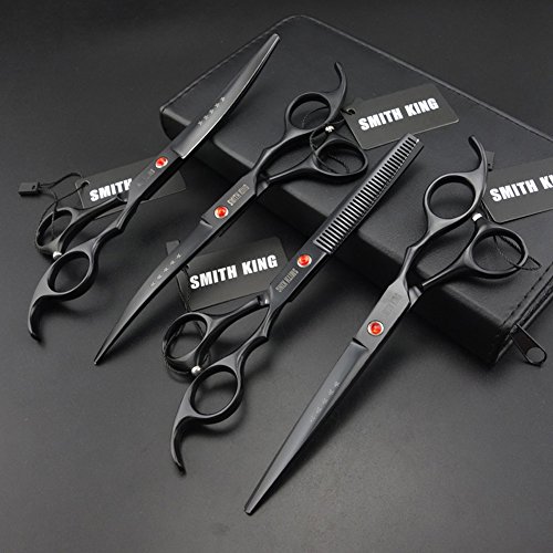 7 inches professional pet grooming scissors set straight scissors &amp; thinning scissors &amp; 2 curved scissors 4 pcs in 1 set with case,oil (black)