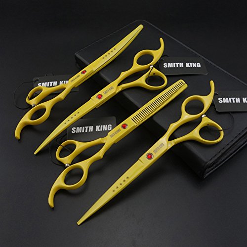 7 inches professional pet grooming scissors set straight scissors &amp; thinning scissors &amp; 2 curved scissors 4 pcs in 1 set with case,oil (yellow)
