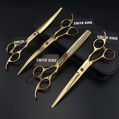 7 inches professional pet grooming scissors set straight scissors &amp; thinning scissors &amp; 2 curved scissors 4 pcs in 1 set with case,oil (gold)