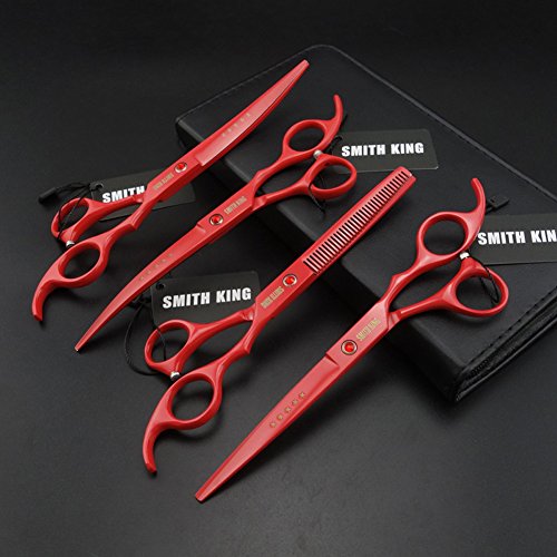 7 inches professional pet grooming scissors set straight scissors &amp; thinning scissors &amp; 2 curved scissors 4 pcs in 1 set with case,oil (red)