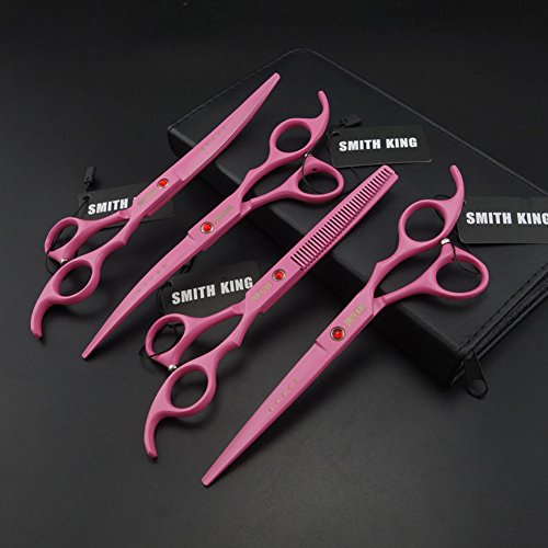 7 inches professional pet grooming scissors set straight scissors &amp; thinning scissors &amp; 2 curved scissors 4 pcs in 1 set with case,oil (pink)