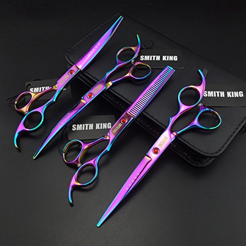 7 inches professional pet grooming scissors set straight scissors &amp; thinning scissors &amp; 2 curved scissors 4 pcs in 1 set with case,oil (rainbow)