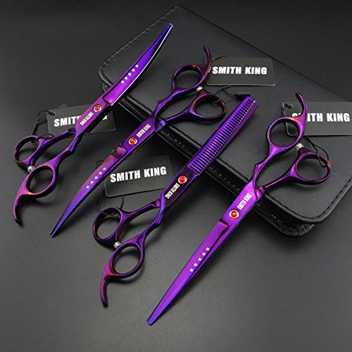 7 inches professional pet grooming scissors set straight scissors &amp; thinning scissors &amp; 2 curved scissors 4 pcs in 1 set with case,oil (violet)
