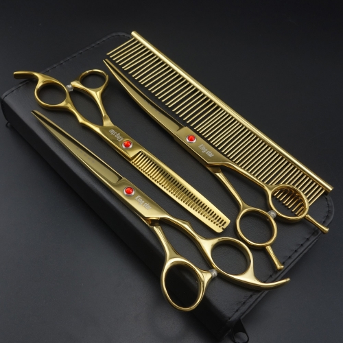 7.0in Titanium gold Professional Pet Grooming Scissors set,Straight &amp; Thinning &amp; Curved scissors 3pcs set with comb for Dog grooming,A412 (gold)