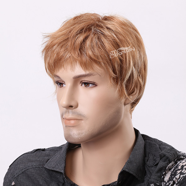 Blonde-brown mixed color short curly men wigs