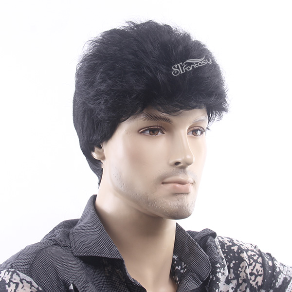 Guagnzhou 12" curly jet wigs heat resistant synthetic hair wigs for man