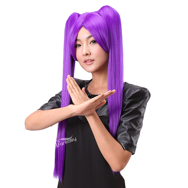 Super long purple straight cosplay wigs with two ponytails
