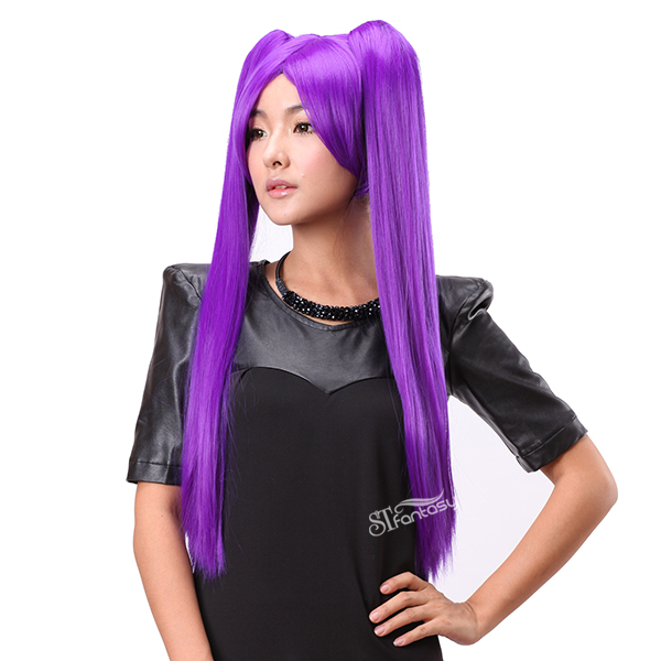 Super long purple straight cosplay wigs with two ponytails