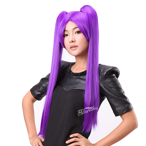 Super long purple straight cosplay wigs with two ponytails