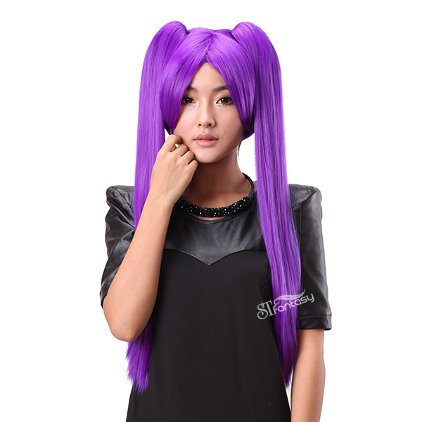 Super long purple straight cosplay wigs with two ponytails