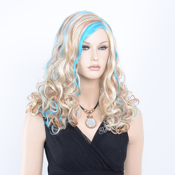Medium long curly synthetic hair three tone color party wig with blue highlight