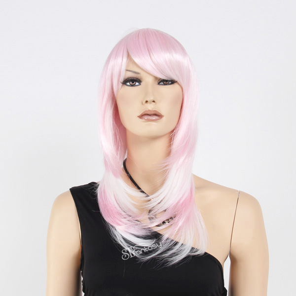 High temperature fiber layered wig with inwards facing curl mix pink color