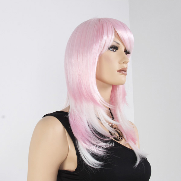 High temperature fiber layered wig with inwards facing curl mix pink color