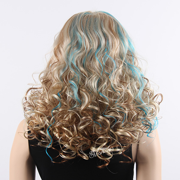 Medium long curly synthetic hair three tone color party wig with blue highlight