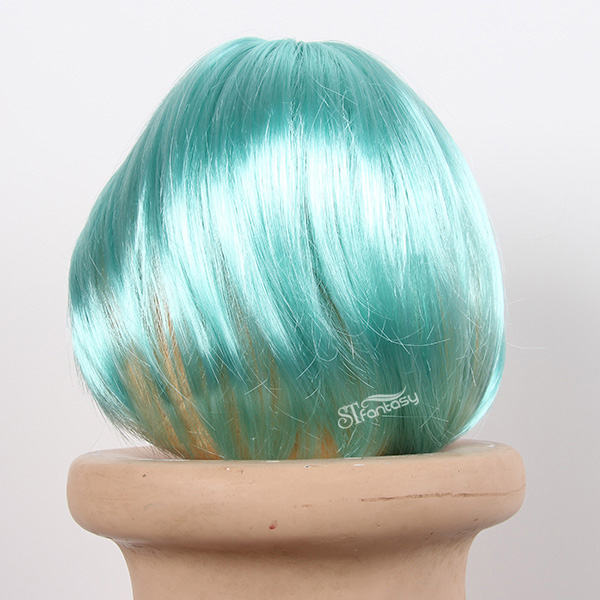 Short straight light blue toy's wig with high temperature fiber