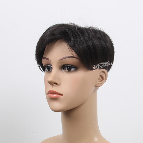 Short straight black synthetic hair toupee for man