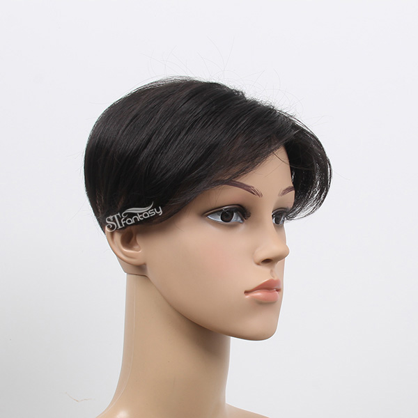 Short straight black synthetic hair toupee for man