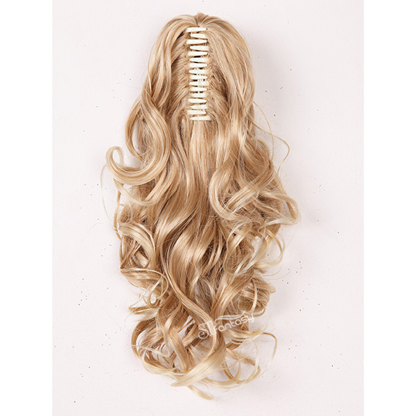 Long curly blonde color synthetic hair claw in ponytail