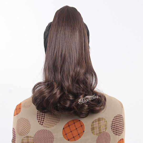 18" synthetic fiber natural brown curly ponytail