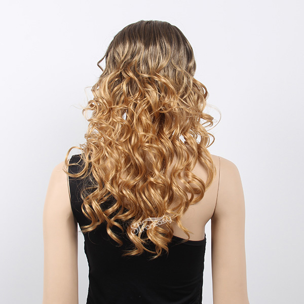 Fashion style long curly ombre yellow synthetic hair u part wig