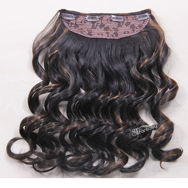 20" deep wave black synthetic hair extension with brown highlight