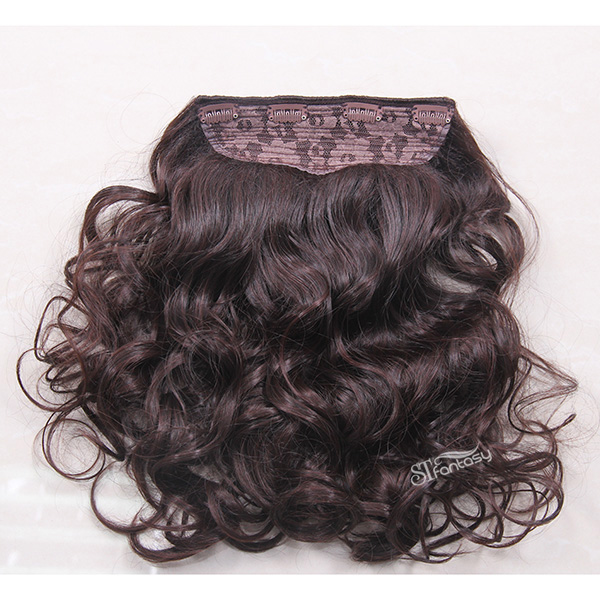 Brown synthetic fiber wavy hair weft one piece clip in hair extension