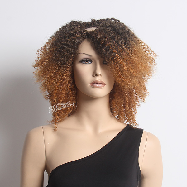 16" Ombre golden kinky curly u part wig for african american women with synthetic hair