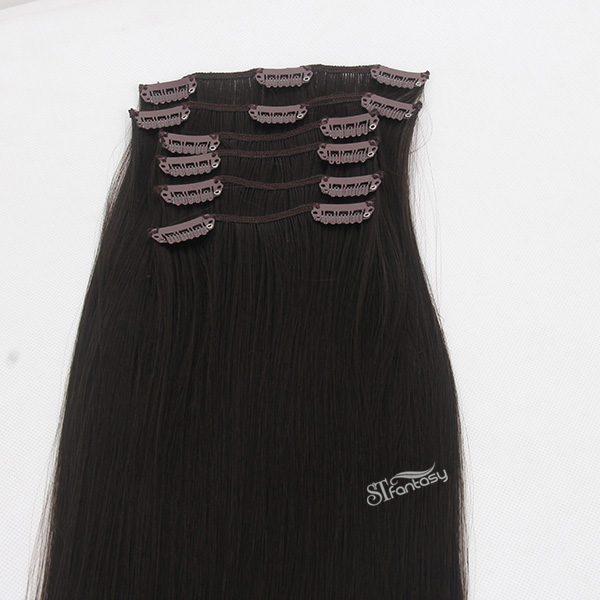 Long straight black synthetic fiber clip in hair extension
