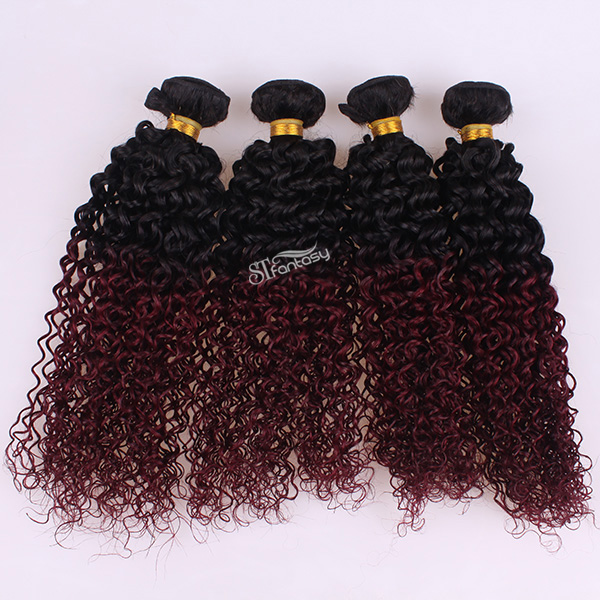 1B/ 99J ombre color human hair weft kinky curly hair extensin for black women