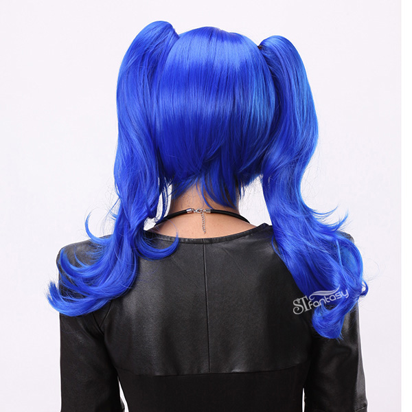 Japanese blue synthetic hair cosplay wigs with two long clip on ponytails
