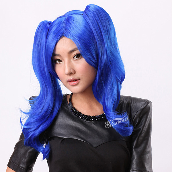 Japanese blue synthetic hair cosplay wigs with two long clip on ponytails