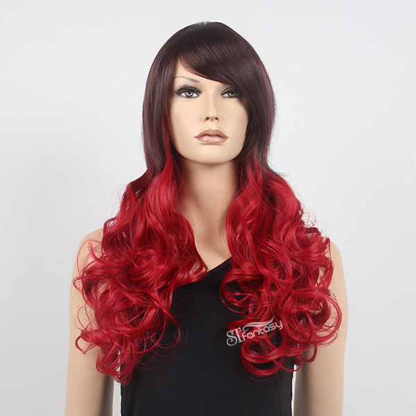 Cheap two tone color long curly synthetic hair party wig