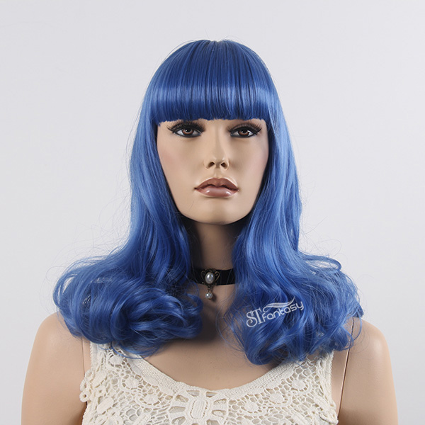 Medium long blue color synthetic hair party wig with neat bang