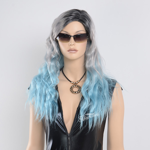 Guangzhou synthetic wig wholesale long curly ombre blue party wig