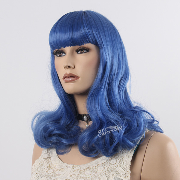 Medium long blue color synthetic hair party wig with neat bang